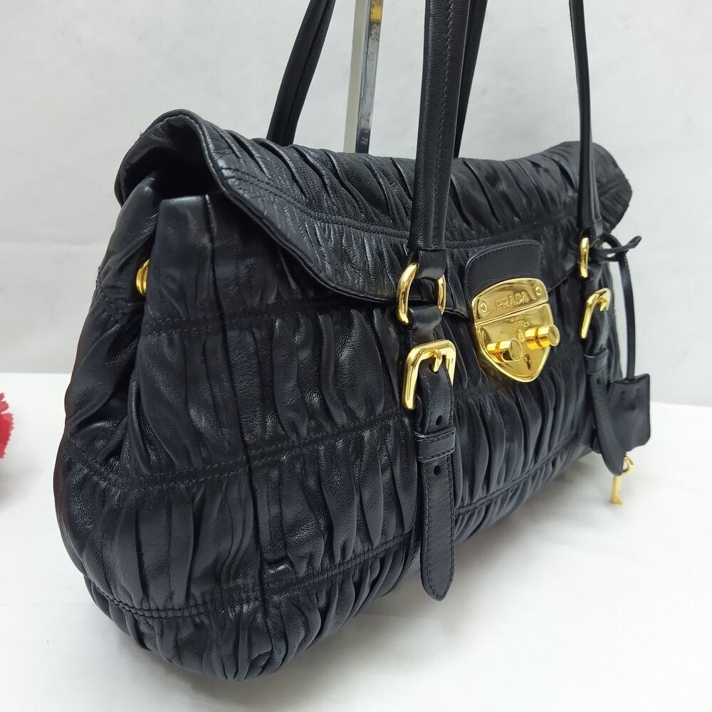 Prada Black Gaufre Nappa Leather Push Lock Double Handle Satchel Shoulder Bag - Picture 4 of 16